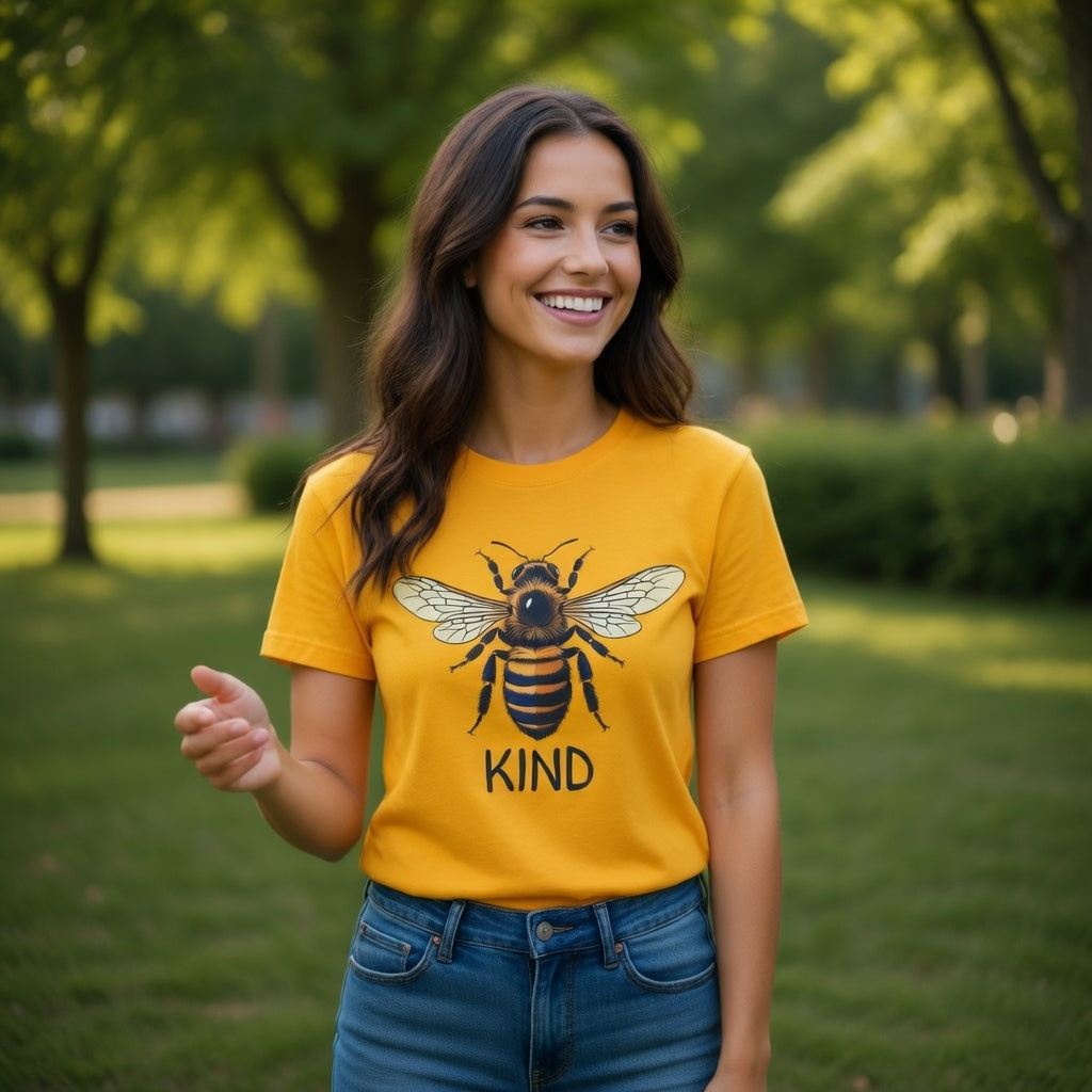 Woman wearing a yellow t-shirt with a bee design and 'Kind' text in a park.