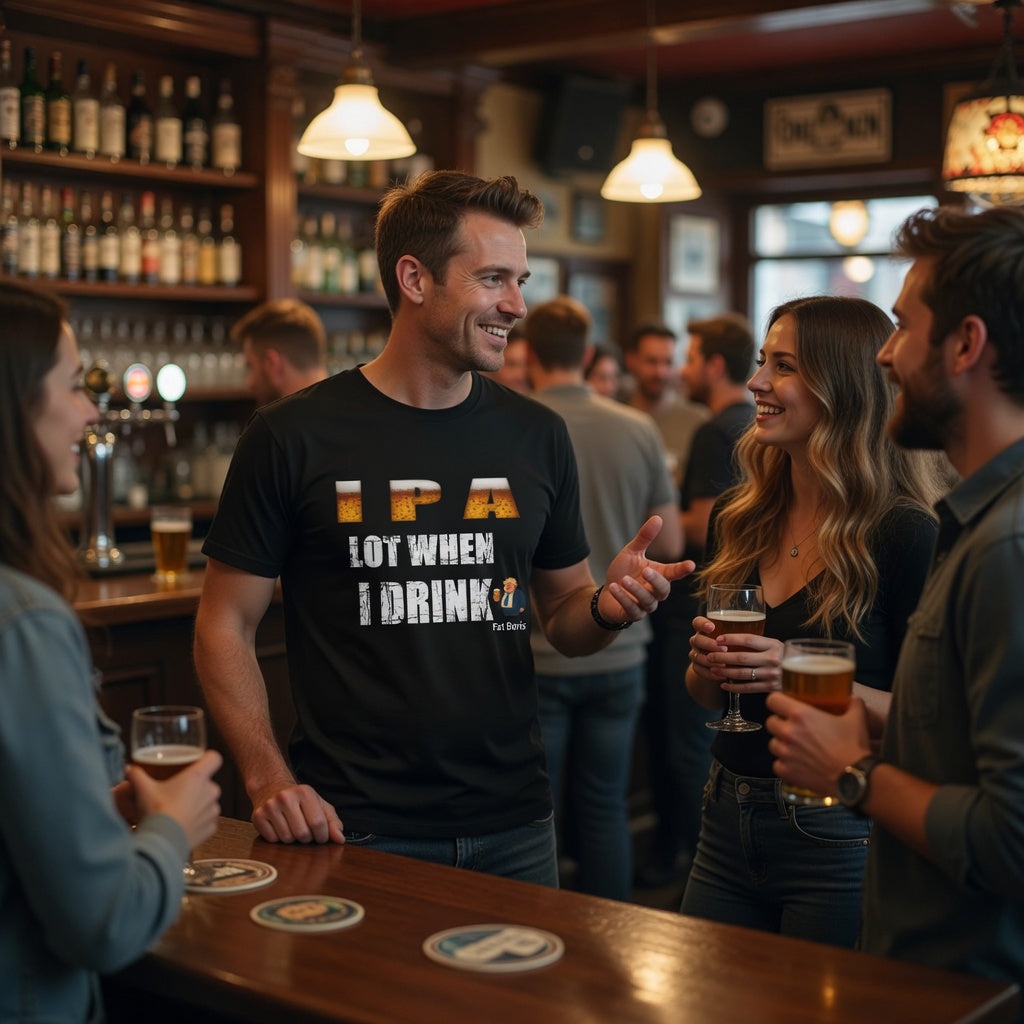 People socializing at a bar with drinks, wearing a t-shirt with 'IPA' text.