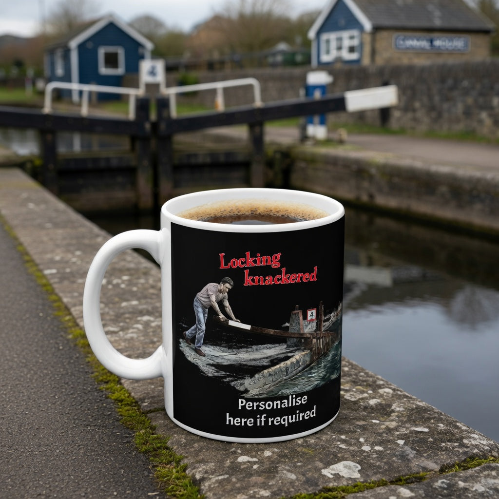 Mug with a design of a person locking a gate, text 'Locking knackered' and 'Personalise here if required', placed on a stone ledge by a canal.