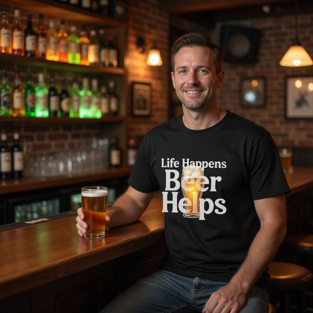 Life happens beer helps black t shirt graphic