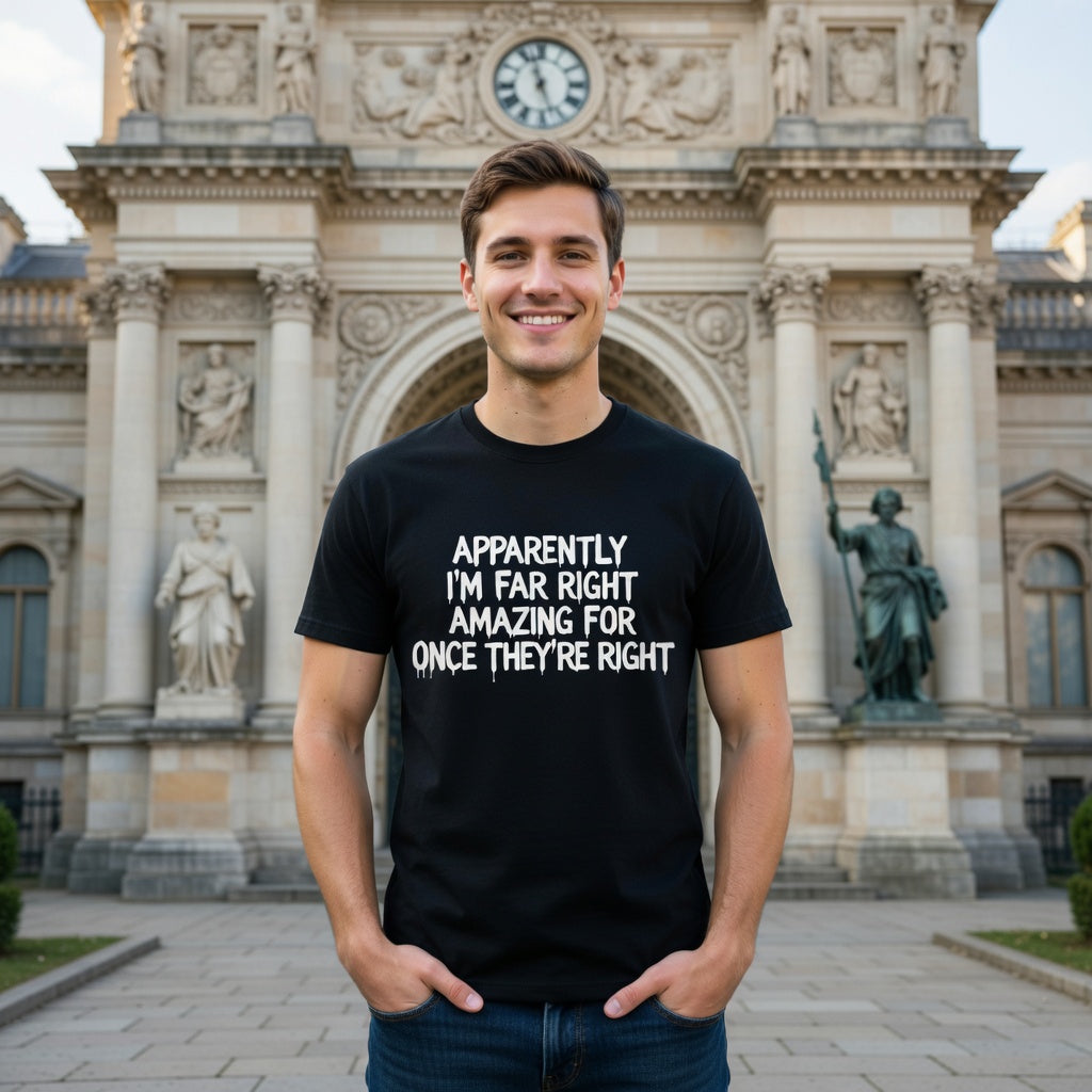 Man wearing a black t-shirt with text apparently i'm far right amazing for once they are right  in front of an ornate building.