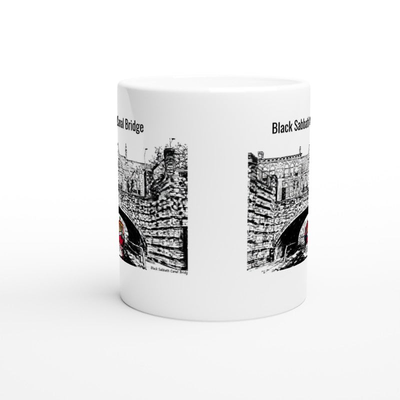 Black Sabbath Canal Bridge Birmingham UK illustration on 11oz white coffee mug with narrowboat design