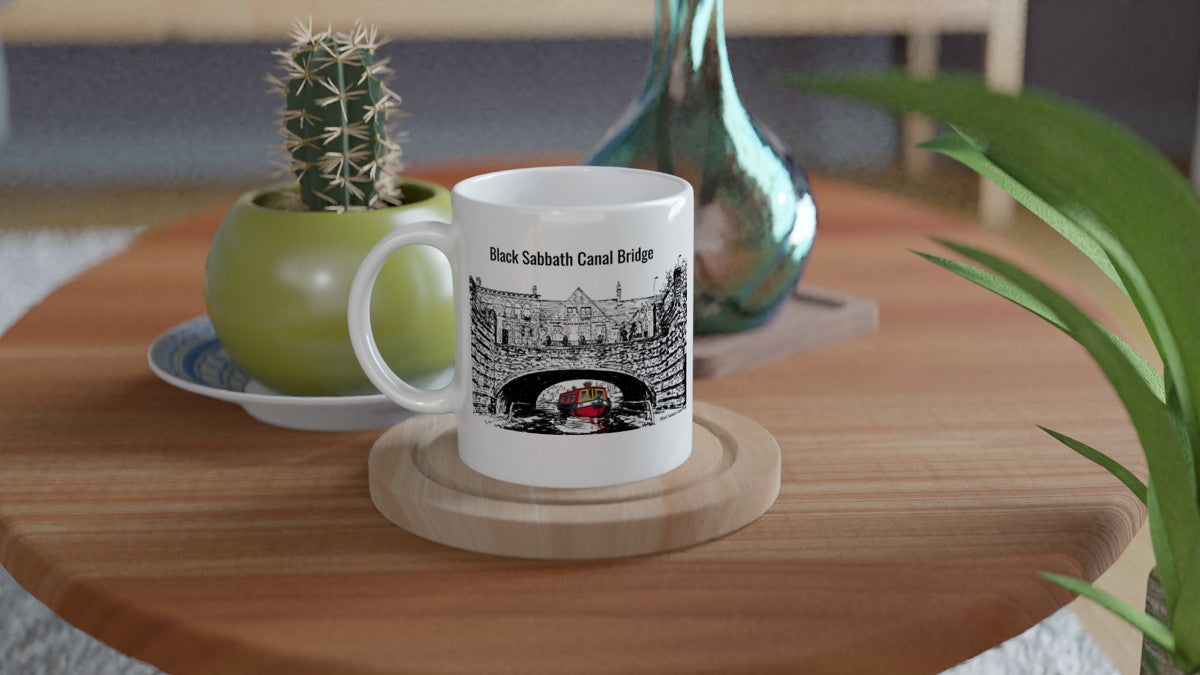 Black Sabbath Canal Bridge Birmingham UK illustration on 11oz white coffee mug with narrowboat design