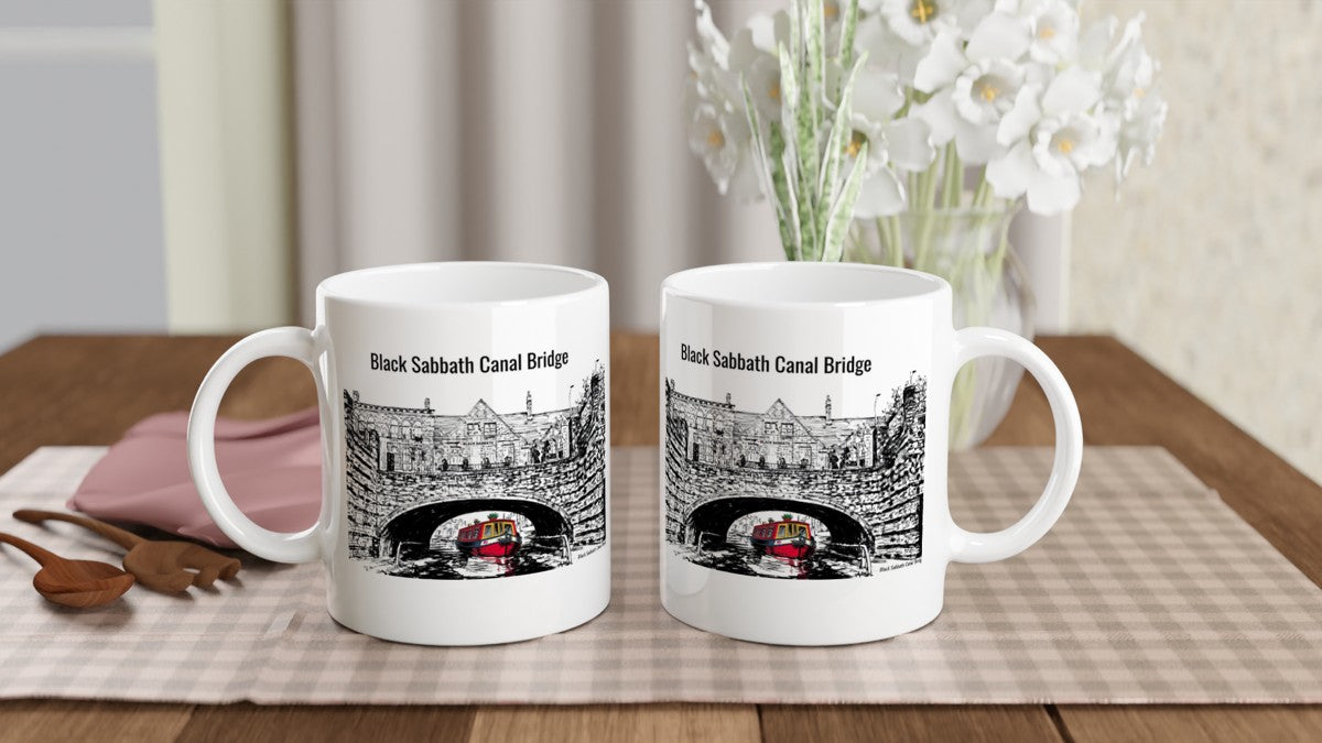 Black Sabbath Canal Bridge Birmingham UK illustration on 11oz white coffee mug with narrowboat design