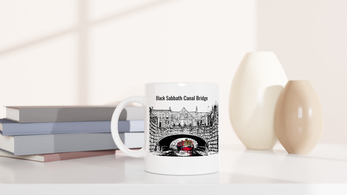 Black Sabbath Canal Bridge Birmingham UK illustration on 11oz white coffee mug with narrowboat design