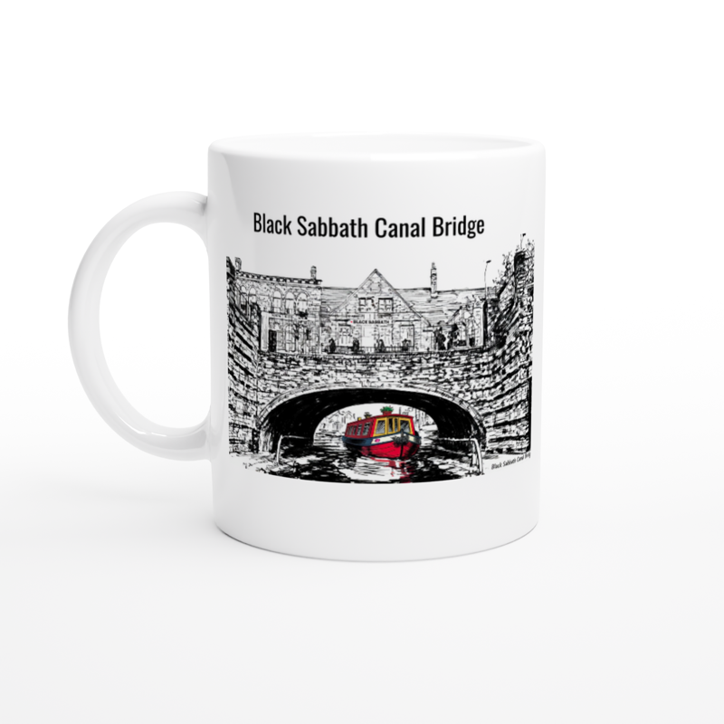 Black Sabbath Canal Bridge Birmingham UK illustration on 11oz white coffee mug with narrowboat design