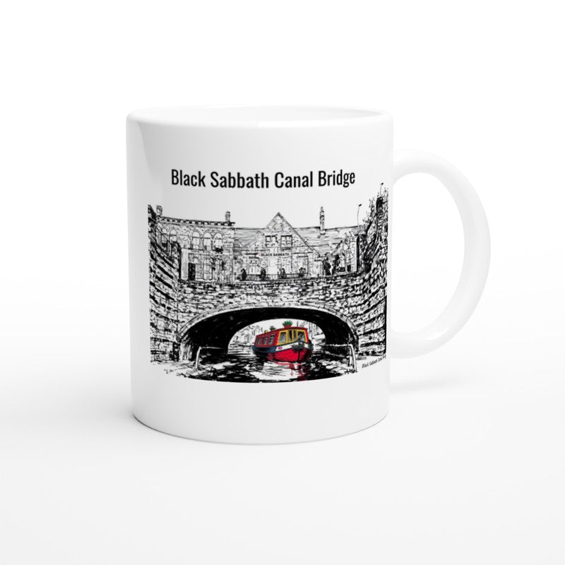 Black Sabbath Canal Bridge Birmingham UK illustration on 11oz white coffee mug with narrowboat design