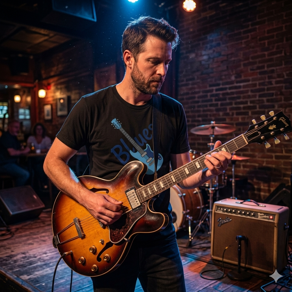 Man playing electric guitar in a bar setting with brick wall and musical equipment. Wearing a blues guitar black graphic t shirt