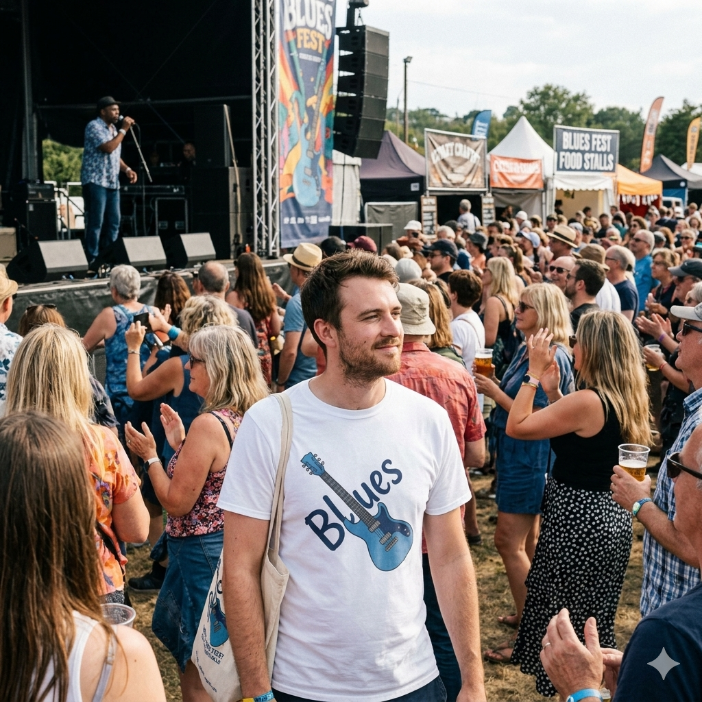 Man wearing a 'Blues' t-shirt at a music festival with a crowd and stage in the background.
