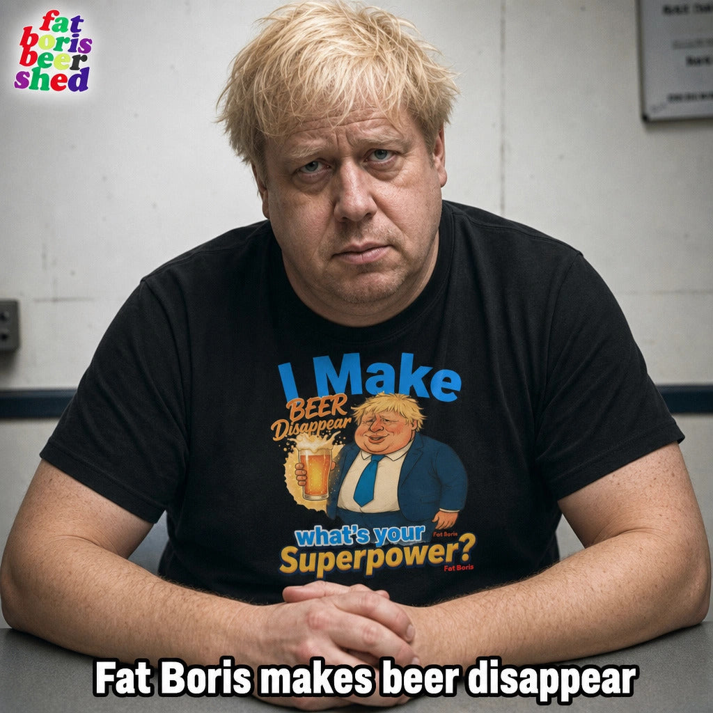 Boris Johnson image wearing a black graphic t-shirt with a 'Fat Boris' beer-disappearance design, sitting at a desk against a plain wall. The t-shirt features blue and yellow text reading 'I Make BEER Disappear what's your Superpower?' with a cartoon illustration.