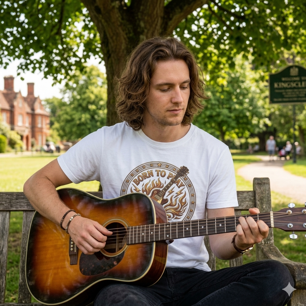 Man playing an acoustic guitar in a park wearing a white t shirt born to play guitar graphic