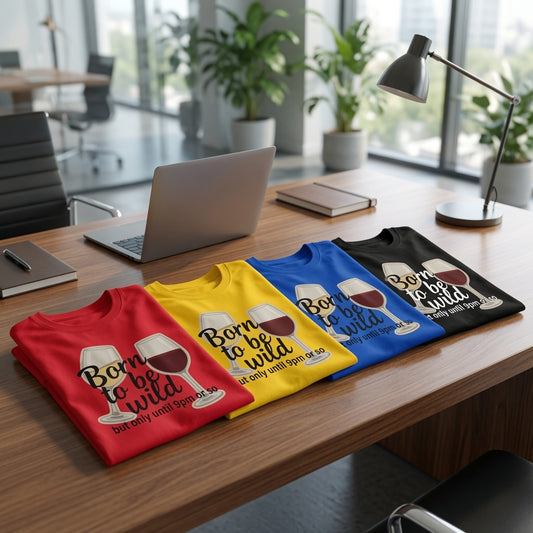 Four folded graphic T-shirts in red, yellow, blue, and black are arranged on a wooden desk in a modern office setting. Each shirt features a wine glass graphic and the text 'Born to be wild' with a smaller quote underneath.