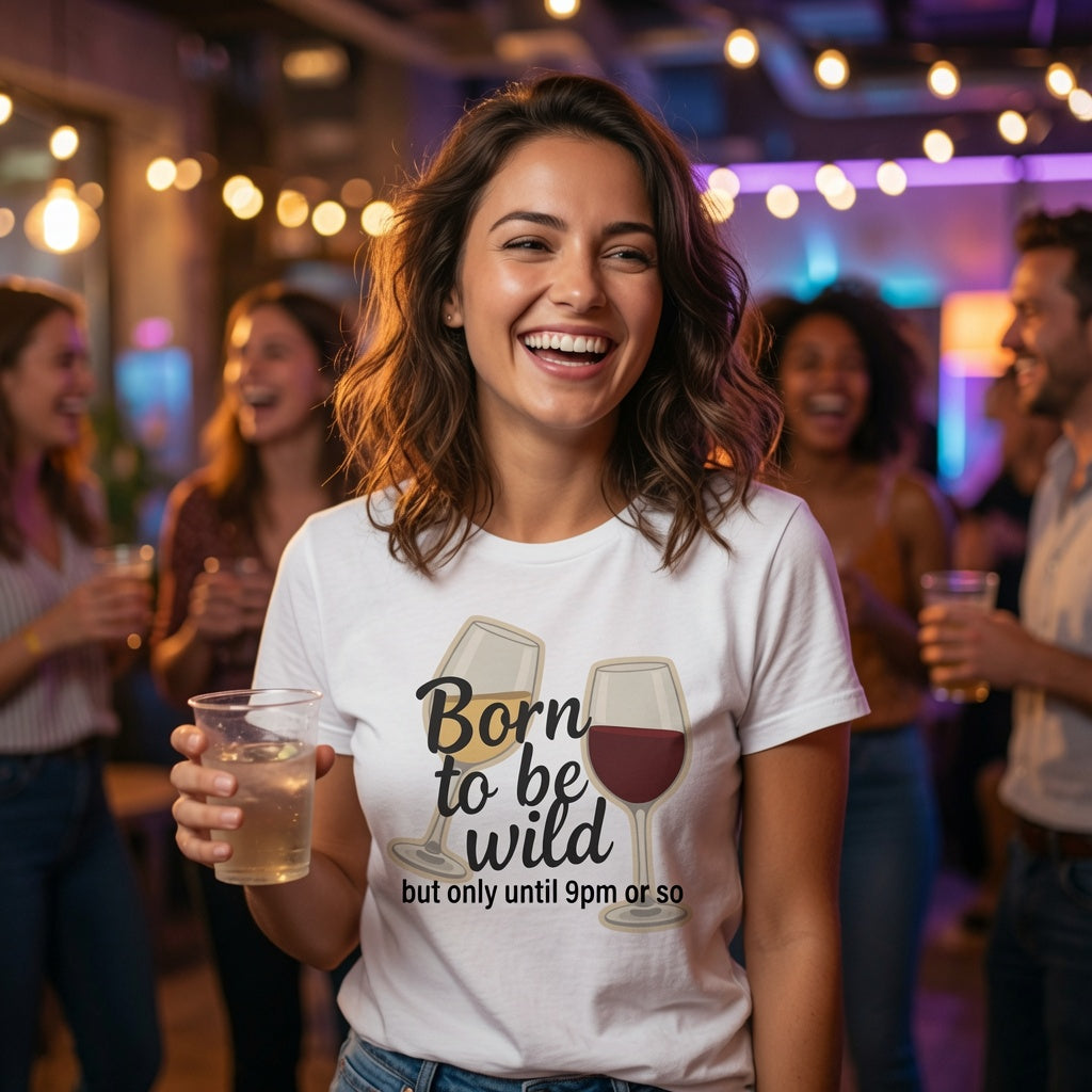 A woman smiling at a party while wearing a white graphic T-shirt that reads 'Born to be wild but only until 9pm or so' with wine glass illustrations. The background shows blurred people and warm string lights in a social setting.