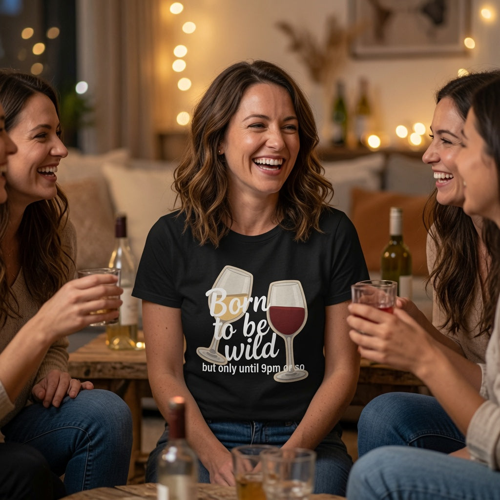Three women laughing together in a cozy, warmly lit living room setting. The central woman is wearing a black graphic t-shirt with a wine-themed design that reads 'Born to be wild but only until 9p or so