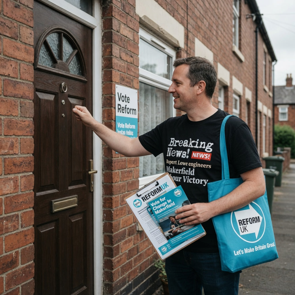 Man WEARING A BLACK T SHIRT WITH GRAPHIC breaking news Rupert Lowe engineers labour makerfield victory. knocking on a door IN MAKERFIELD BY ELECTION with Reform UK materials and a tote bag.