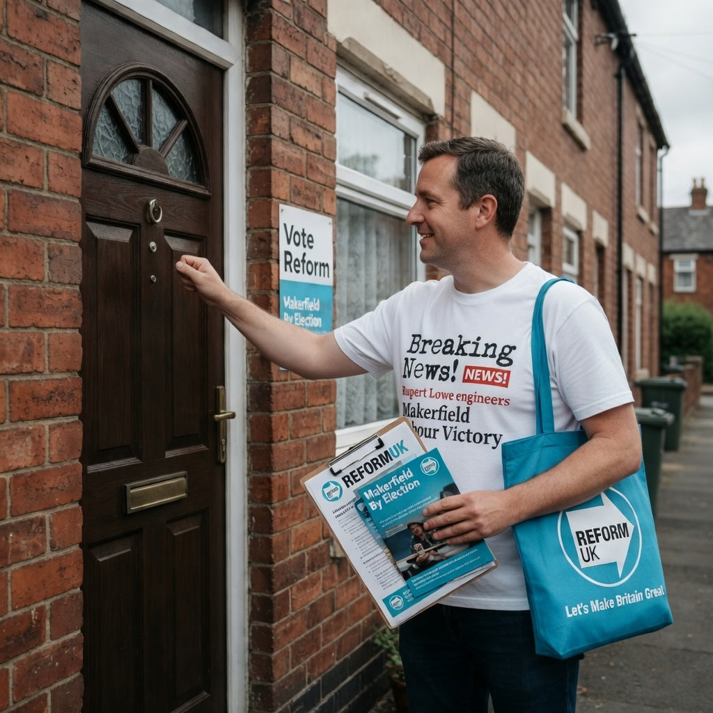 Man WEARING A WHITE T SHIRT WITH GRAPHIC breaking news Rupert Lowe engineers labour makerfield victory  knocking on a door IN MAKERFIELD BY ELECTION with Reform UK materials and a tote baG