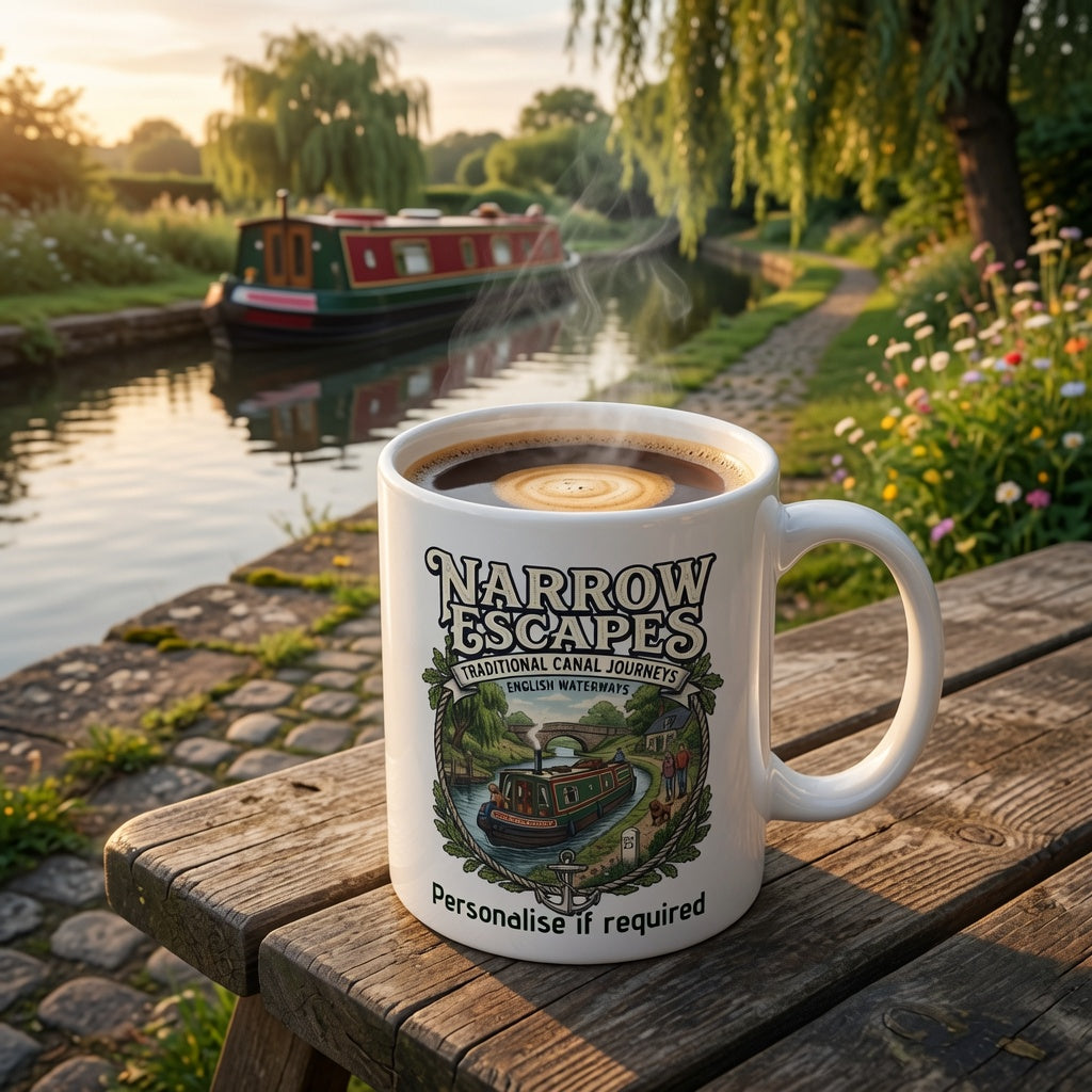 Mug with 'Narrow Escapes' tv show branding on a wooden bench by a canal with a boat.
