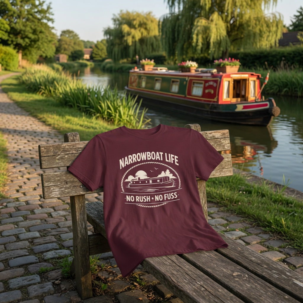 Maroon t-shirt with 'Narrowboat Life No Rush No Fuss' design on a wooden bench by a canal.