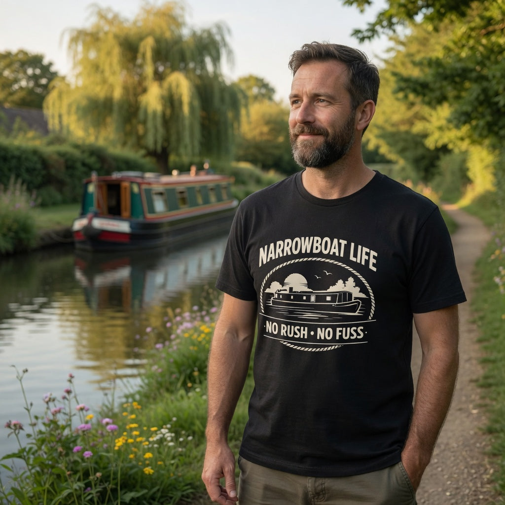 Man wearing a black t-shirt with 'Narrowboat Life' text standing by a canal with a boat in the background.