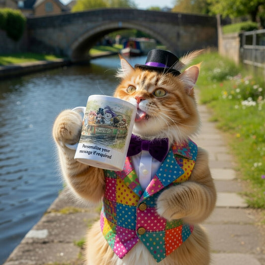  Cat dressed in waistcoat drinking from customised coffee mug with narrow boat pussy katz  image and lots of cat mages having a fun time on the canal