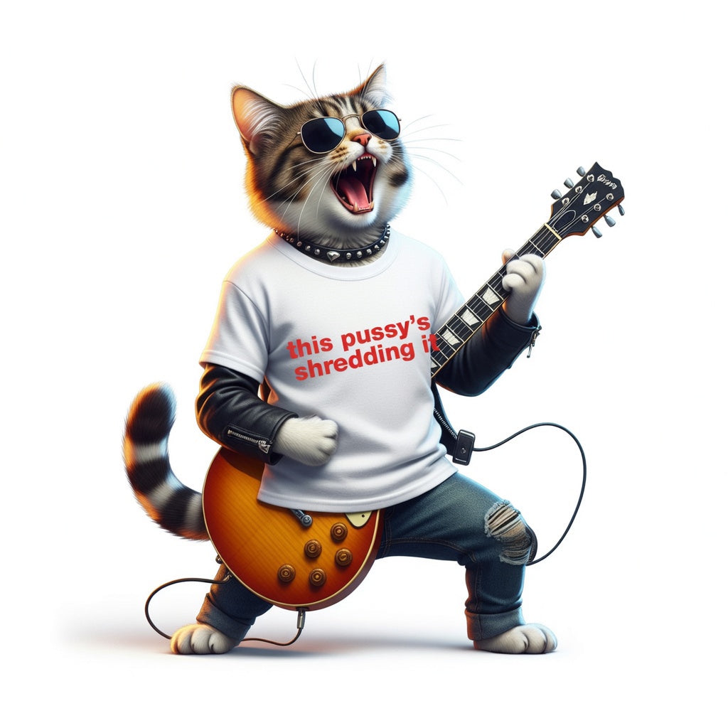 Cat rock guitar player with white t shirt design cat playing guitar this pussy's shredding it