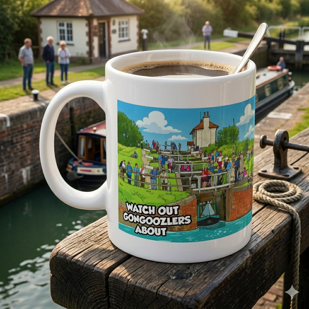 Mug with a scenic design of a lock gate and people, placed on a wooden dock by a canal.  With design Graphic  watch out gongoozlers about graphic  