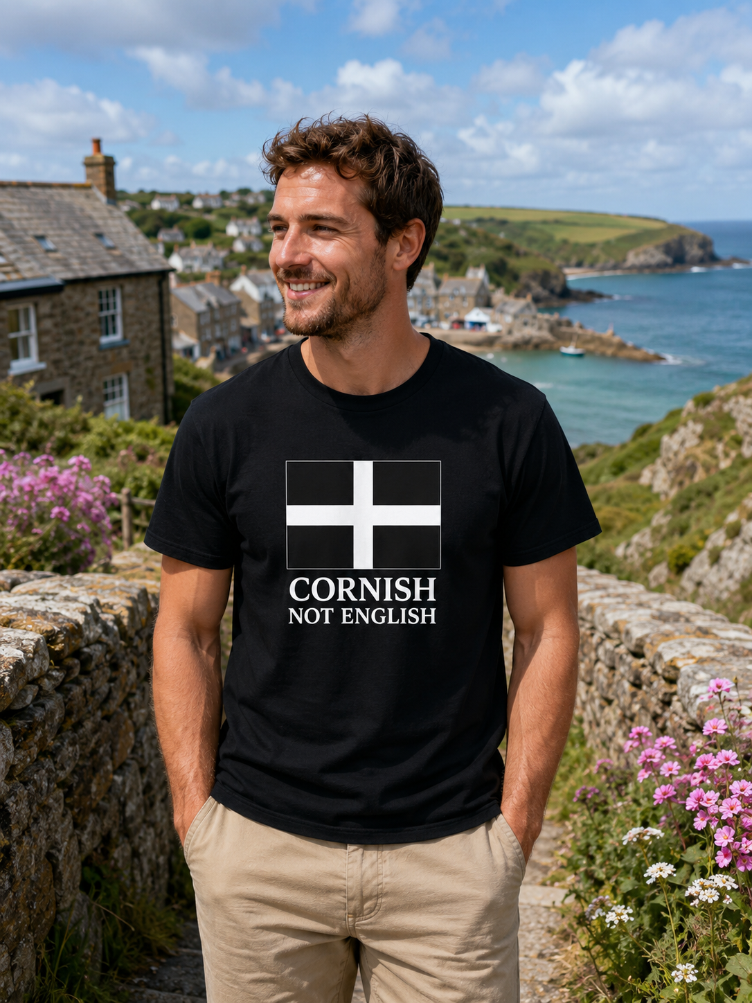 Man wearing a black t-shirt with a Cornish flag design, standing in a scenic location with ocean and village.