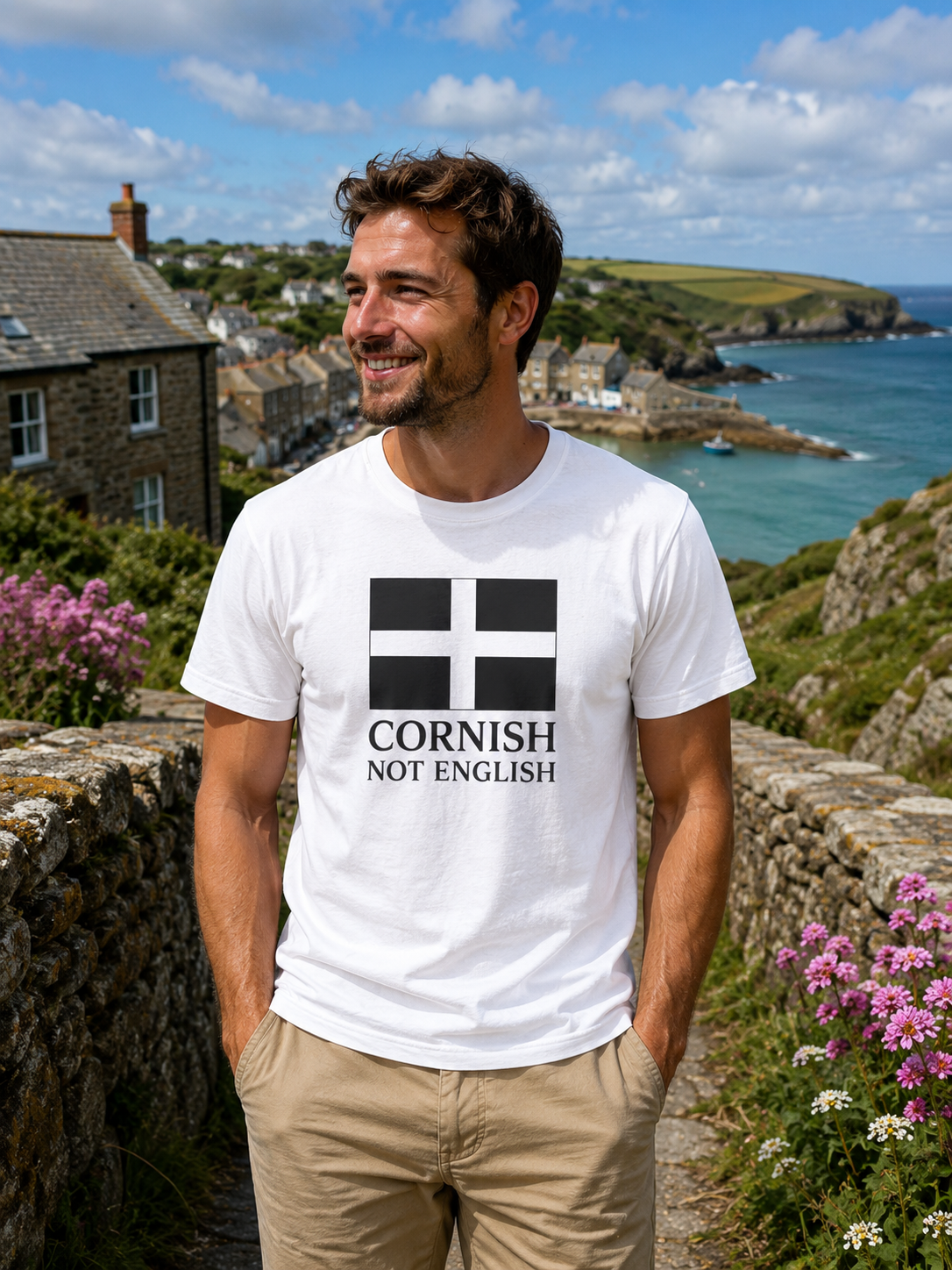 Man wearing a white t-shirt with 'Cornish Not English' design, standing in a scenic coastal area.