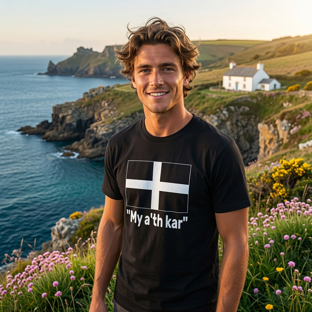 Man wearing a black t-shirt with a cornish st piren  flag design and text, standing in a scenic coastal area.