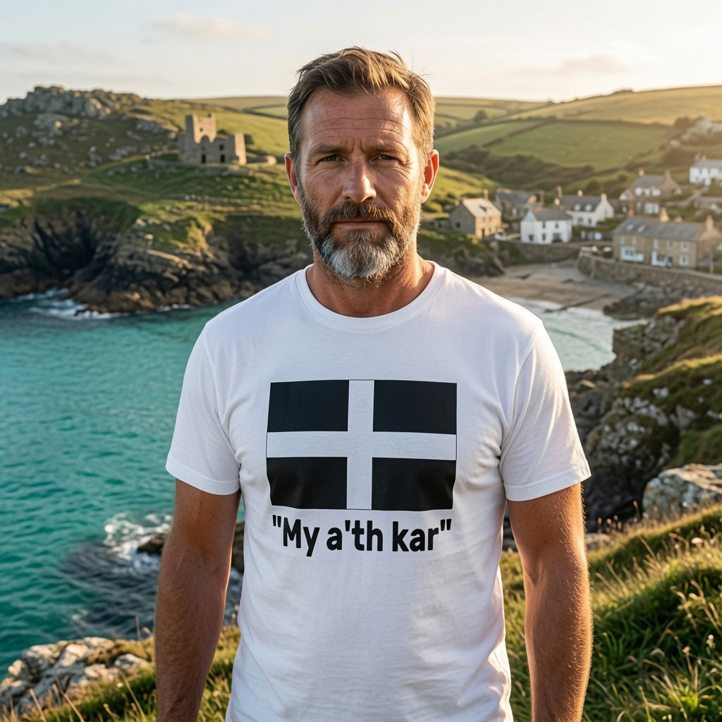 Man wearing a white t-shirt with a cornish flag and text in cornish, standing in front of a scenic coastal landscape.