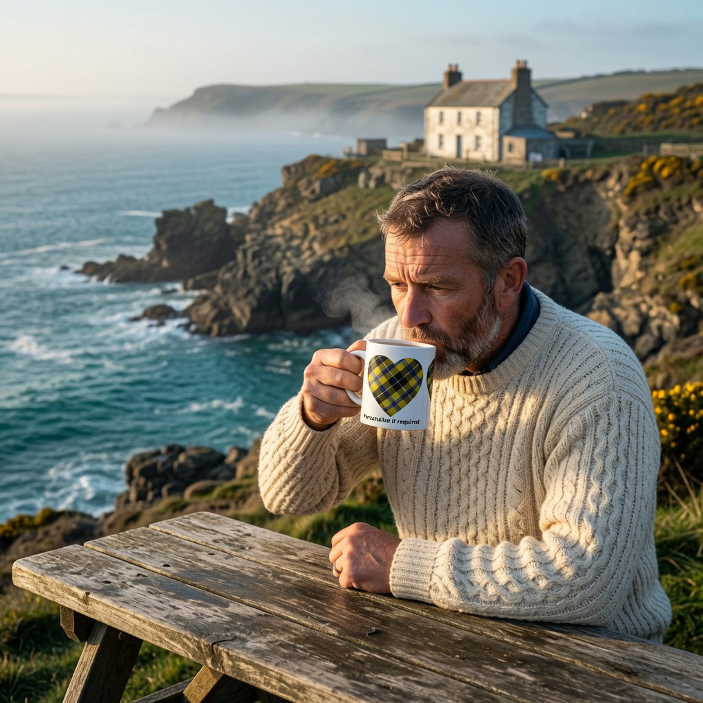 A man in a cream cable-knit sweater sits at a wooden table by the sea, drinking from a white mug with a cornish tartan heart design. A stone house and rocky coastline are visible in the background.