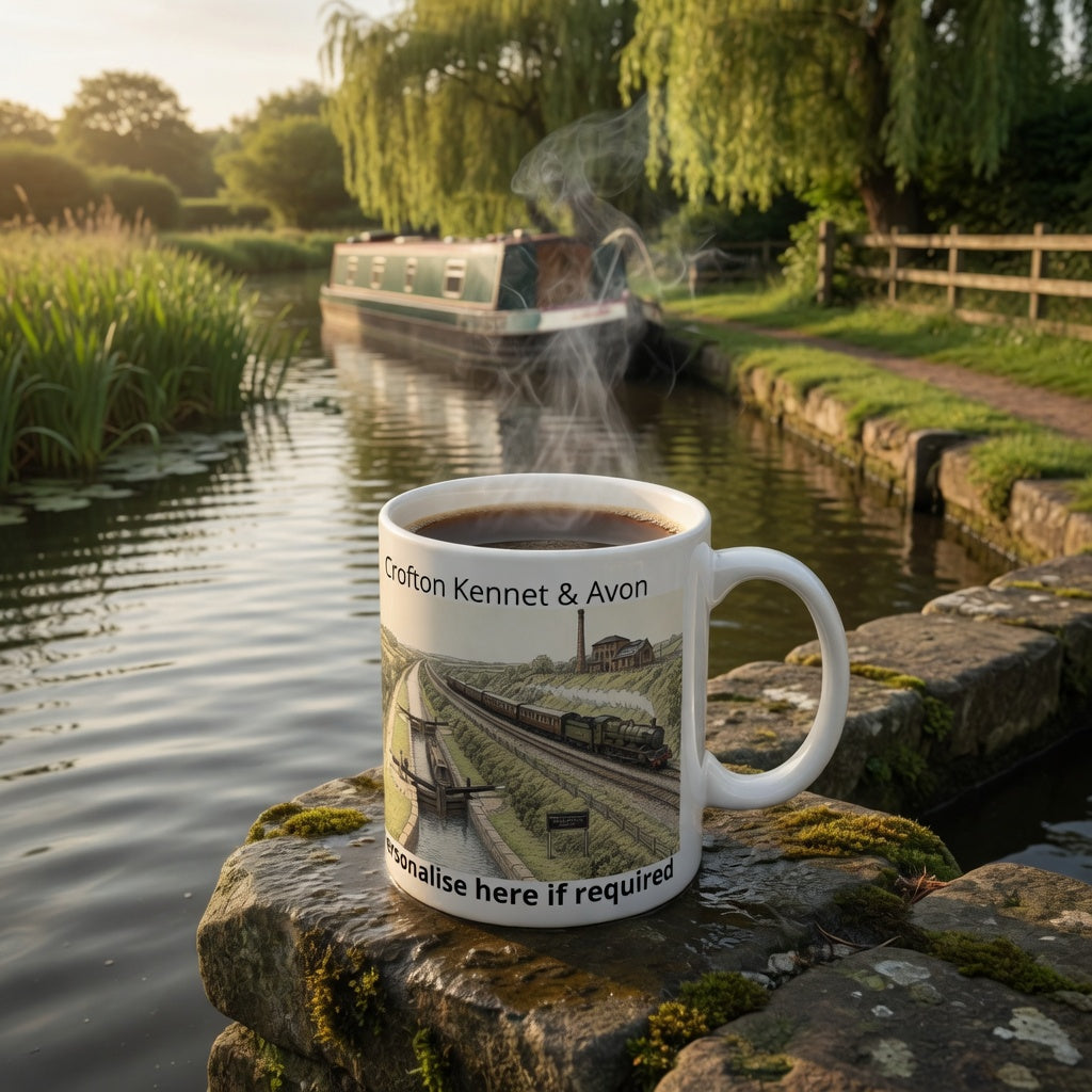 Steaming mug of coffee with Crofton pump house and canal image on a stone by a canal with a boat and greenery in the background