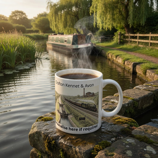 Steaming mug of coffee with Crofton pump house and canal image on a stone by a canal with a boat and greenery in the background