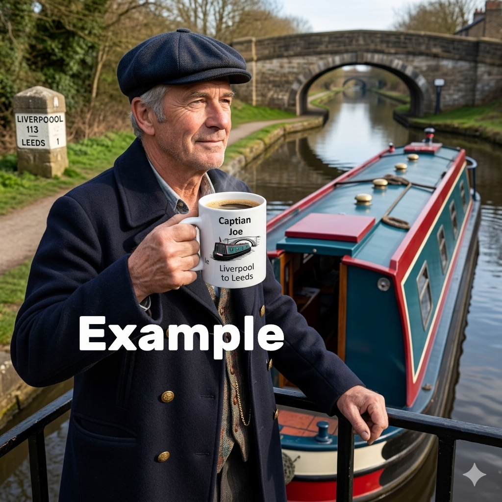 Man holding a CUSTOMISED COFFEE mug any name any message example proof, with a canal and boat in the background