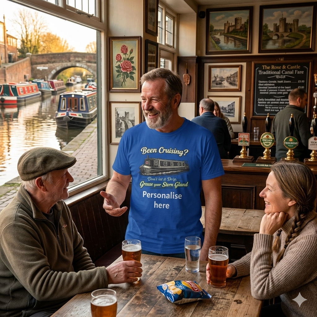 Man wearing a blue t shirt with funny graphic grease your stern gland talking to people sitting at a pub table with drinks, looking out a window at canal boats.