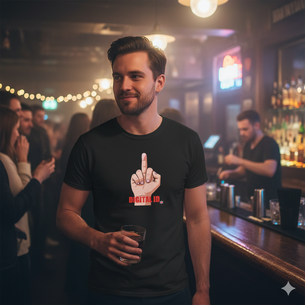 Man in a bar wearing a black t-shirt with a graphic design, holding a drink.  A hand making a middle finger gesture and 'DIGITAL ID' text on a white background