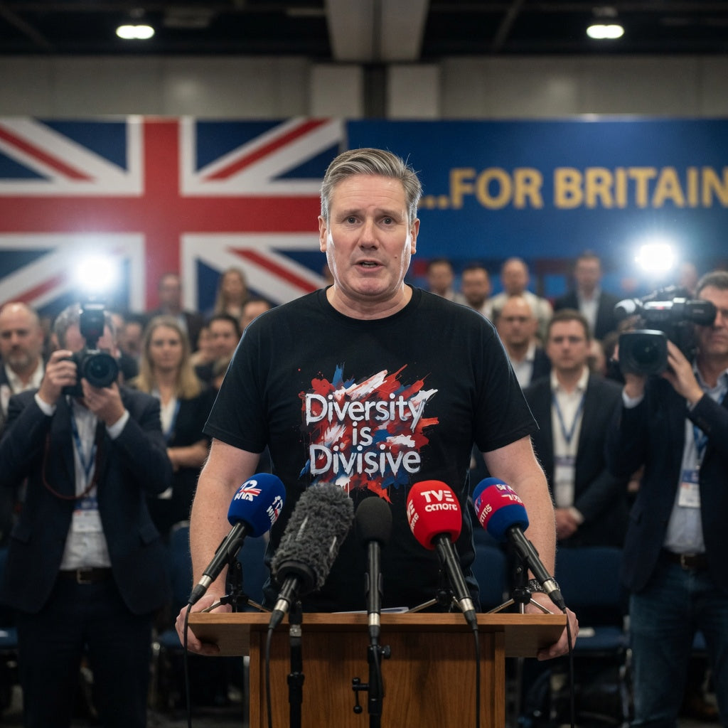 kier starmer at podium with microphones, wearing a 'Diversity is Divisive' shirt, in front of a British flag and 'For Britain' banner.