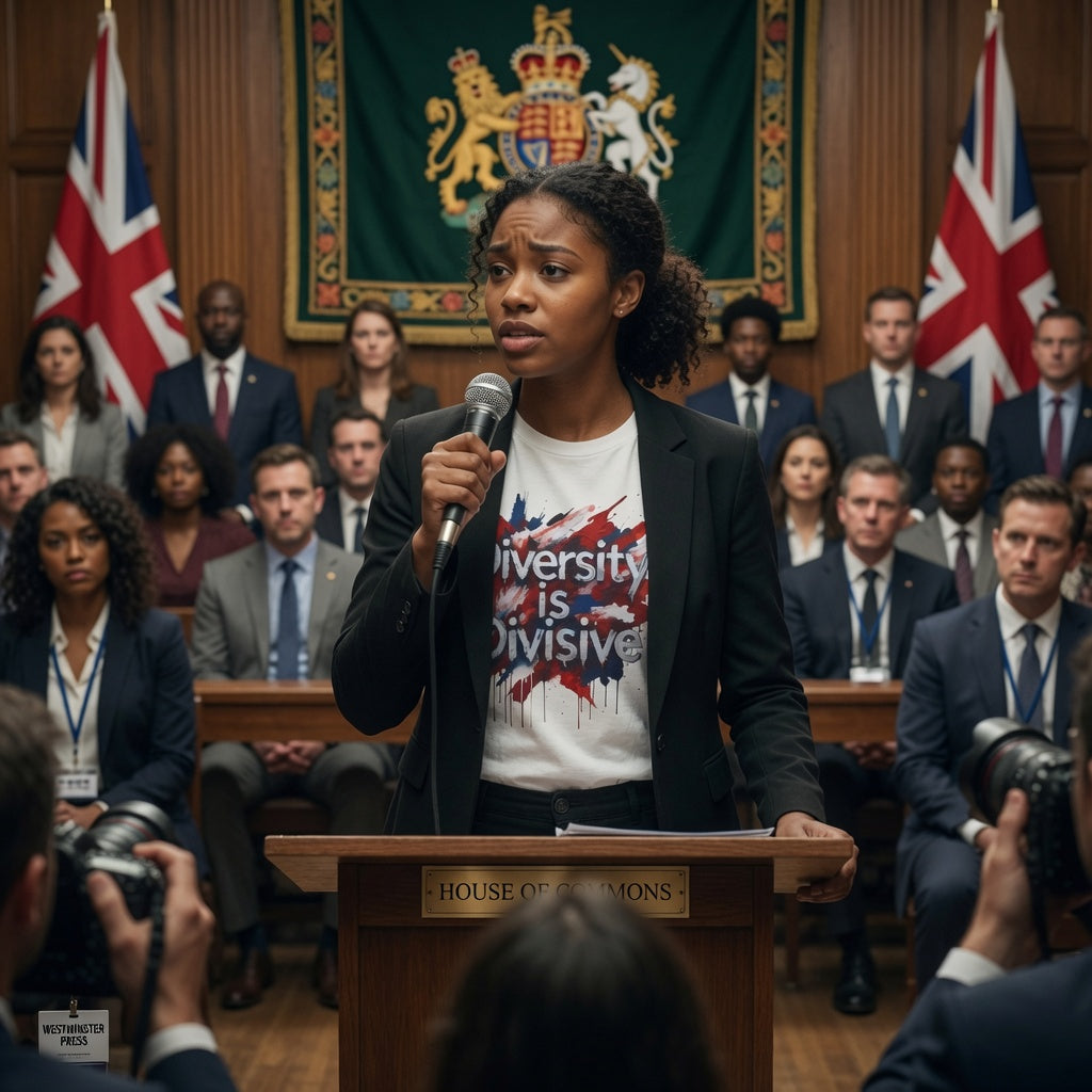 Woman speaking at a podium in a formal setting with British flags and people in the background wearing a white t shirt "Diversity is Divisive" Fat Boris Political Collection
