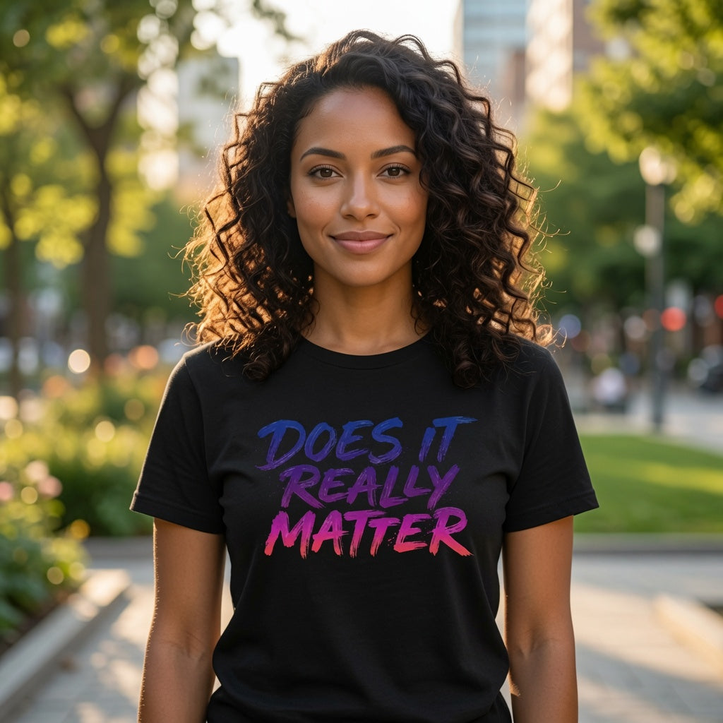 Does It Really Matter T-Shirt — Casual Graphic Tee with Gradient Brush Lettering 