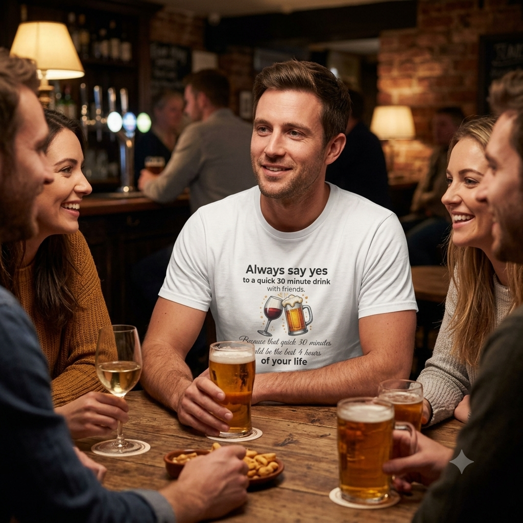 People enjoying drinks in a bar with a man wearing a humorous white t-shirt. With drinking with friends  graphic graphic