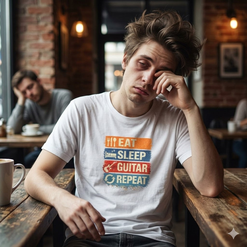 Person wearing a t-shirt with 'EAT SLEEP GUITAR REPEAT' design in a cafe setting.
