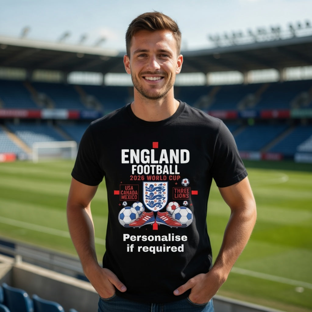 Man wearing a personalised  black t-shirt with England  world cup 2026  football graphics in a stadium.