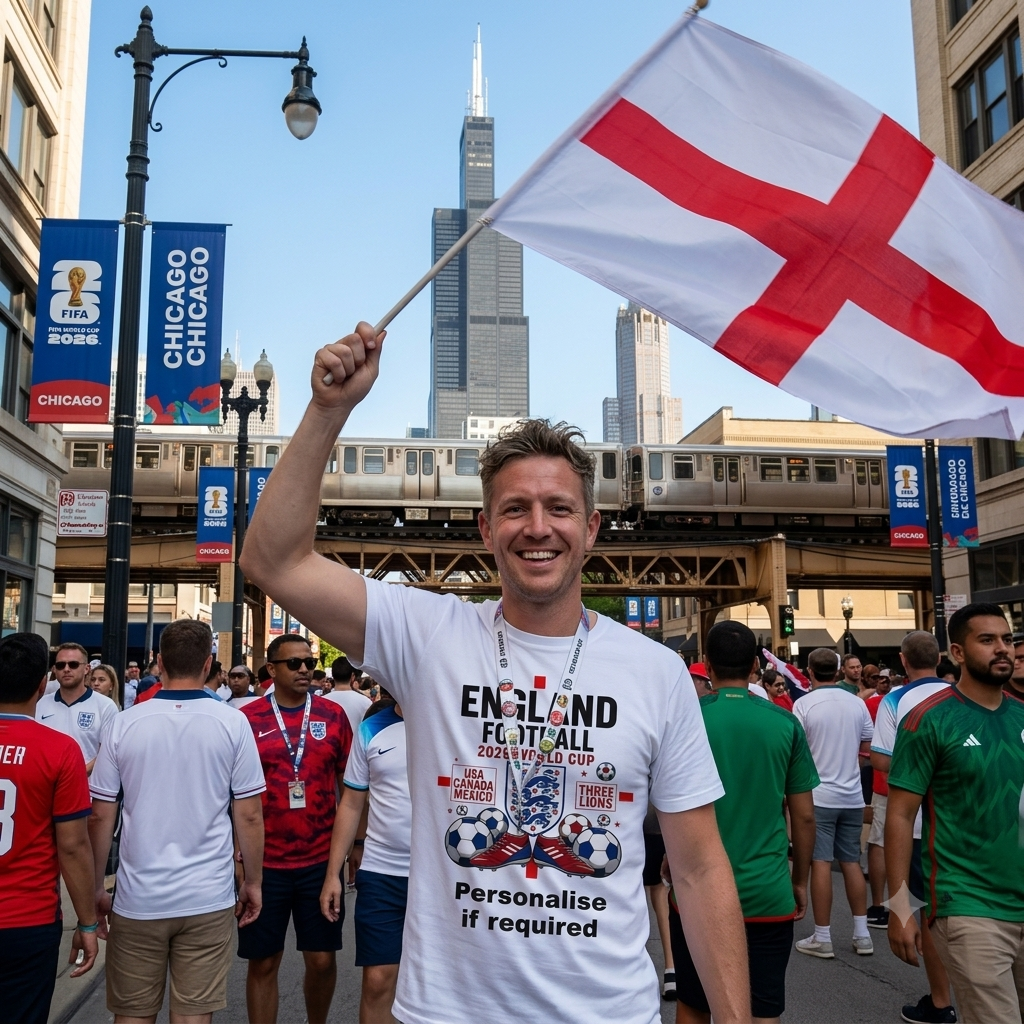 Man holding an English flag wearing England world cup 2026 t shirt with personalised option in a crowd at Chicago USA world cup venue 