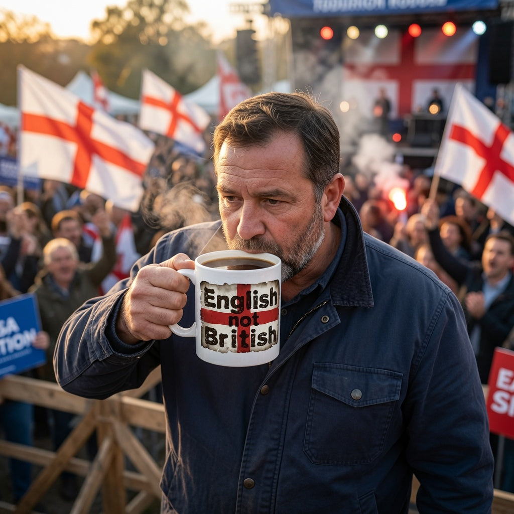 A man in a dark blue jacket holds a white ceramic mug with a parody slogan reading 'English not British' crossed out in a red St. George's cross, set against a crowd holding similar flags in an outdoor setting.