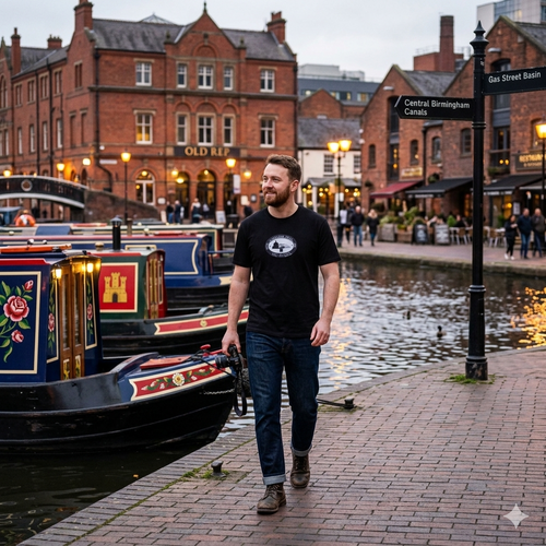 Man walking along the Birmingham canal with historic buildings and narrowboats in the background wearing Birmingham famous Gas Street Canal Walk Plaque  Black T-Shirt.