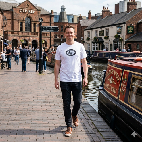 Man walking along the Birmingham canal with historic buildings and narrowboats in the background wearing Birmingham famous Gas Street Canal Walk Plaque  white T-Shirt.