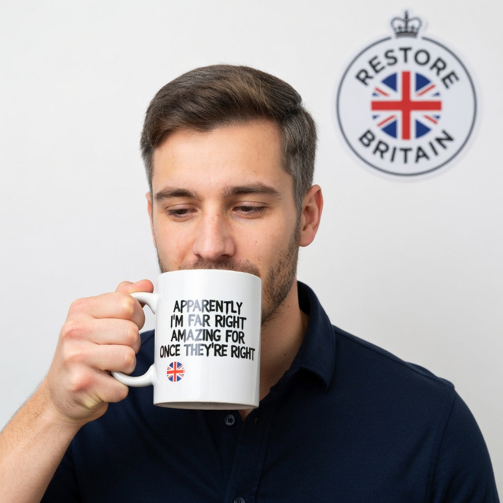 man drinking from Apparently I’m Far Right  — Funny British 11oz Coffee Mug 