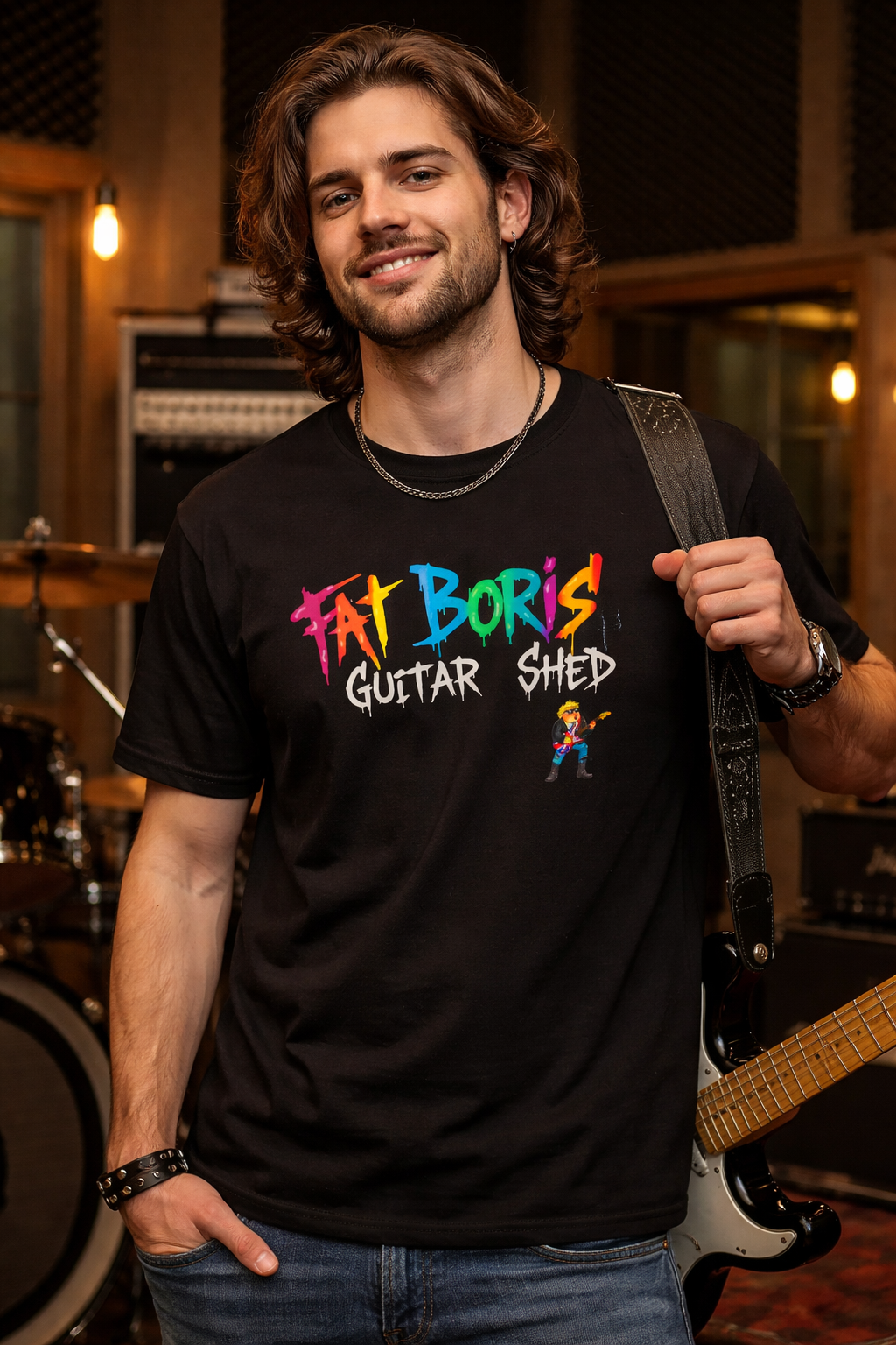 Man wearing a black t-shirt with 'Fat Boris Guitar Shed' text in a music studio.