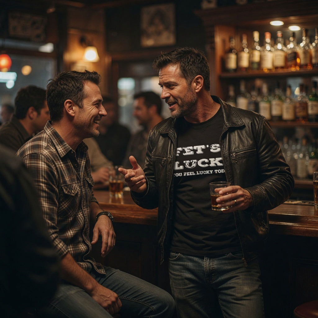 Two men sitting at a bar, engaged in conversation with drinks in hand.
one wearing a black t shirt with fet's luck graphic 