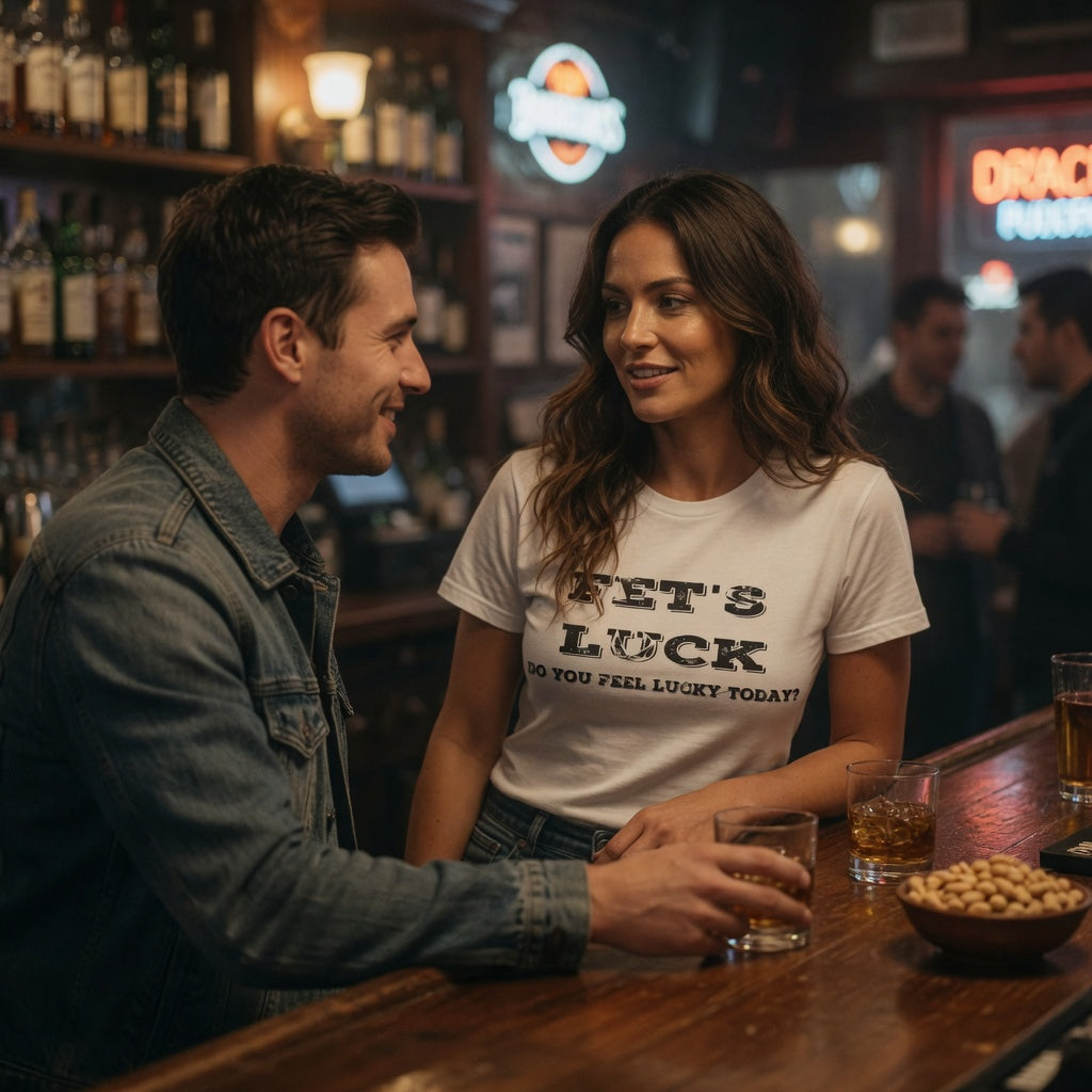 Man and woman sitting at a bar, engaged in conversation  iwith drinks in hand.
the woman  wearing a white t shirt with fet's luck graphic 